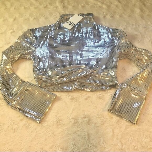 Nwt ZARA Draped Silver Sparkly Cropped Top Size XS - Picture 7 of 11